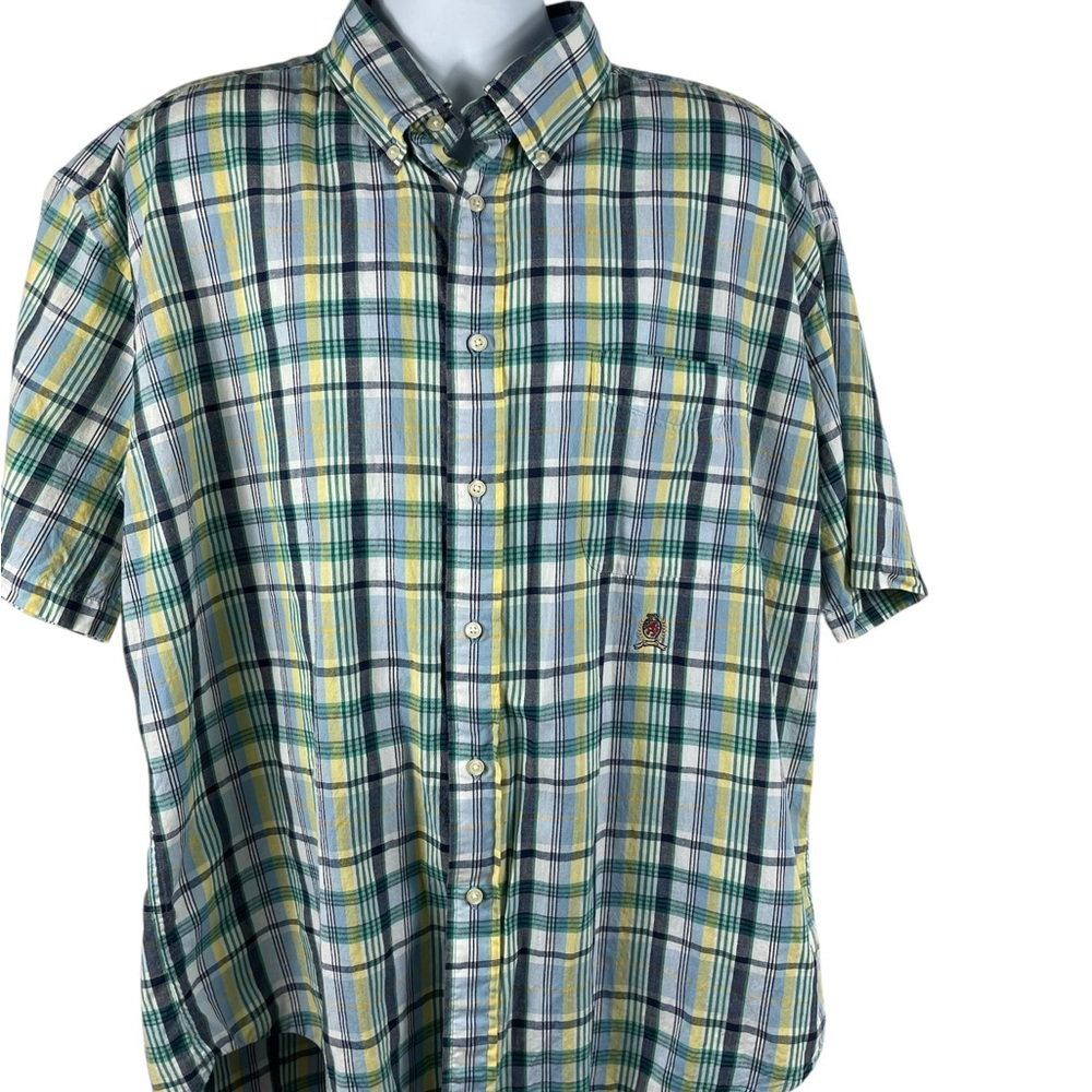 Tommy Hilfiger Men's Green Plaid 100% Cotton‎ Short Sleeved Shirt, XXL